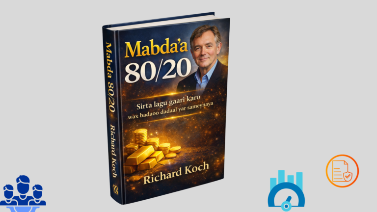 “Buug Af-Soomaali ah Mabda’a 80/20 (The 80/20 Principle), cover cagaaran 3D, horumar nololeed, guul, iyo wax-soo-saar sare.”