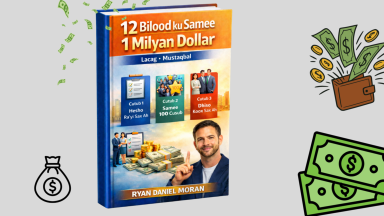 “Cover buug 3D ah Af-Soomaali, ‘12 Bilood ku Samee 1 Milyan Dollar’ oo uu qoray Ryan Daniel Moran, buug ganacsi iyo maalgelin, naqshad casri ah oo muujinaysa lacag, horumar, iyo dhisidda ganacsi guuleysta.”