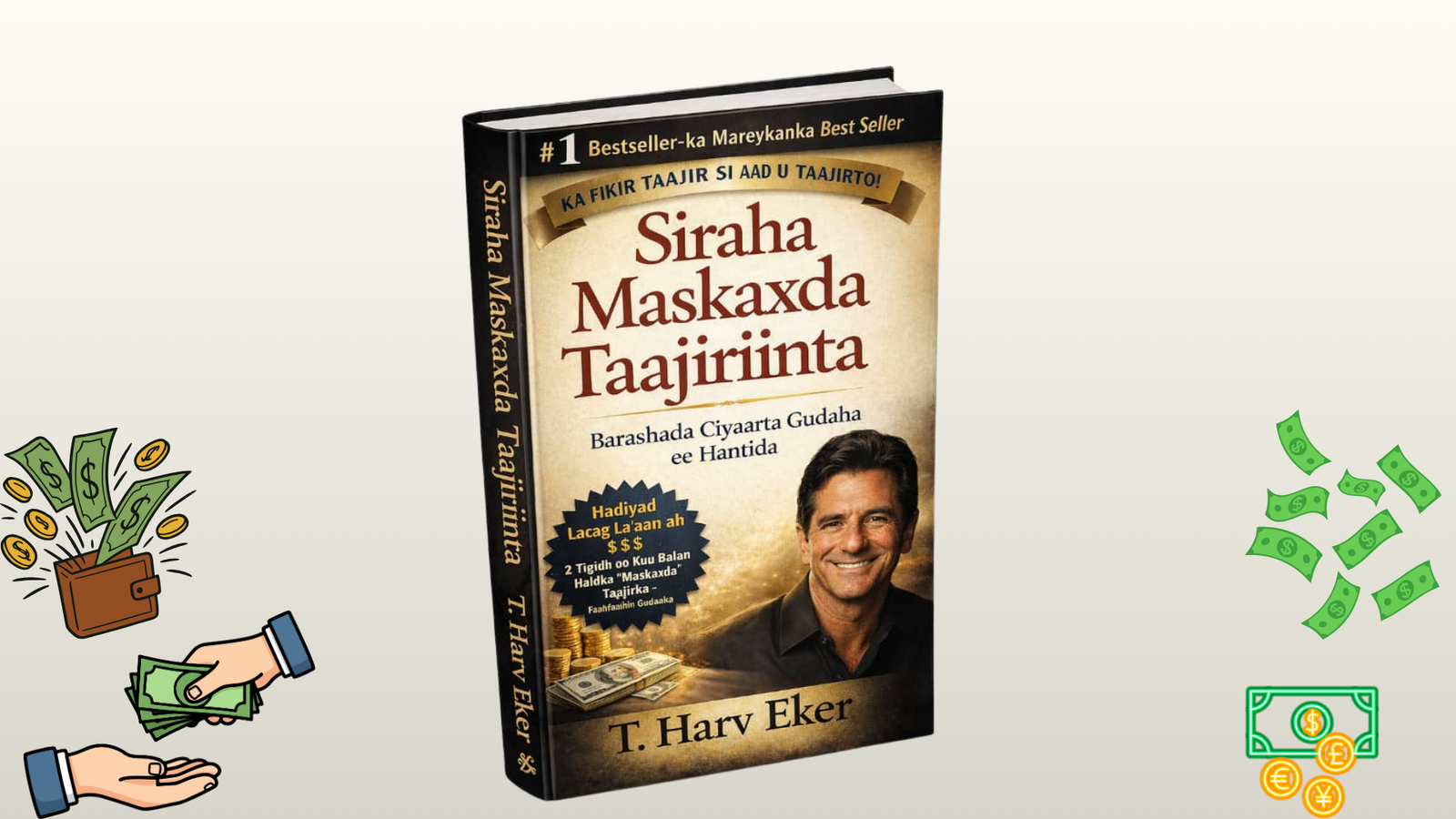 Sawirka waa daboolka buugga Secrets of the Millionaire Mind oo uu qoray T. Harv Eker; dabool jaalle ah, cinwaan weyn oo casaan ah, qoraal hoosaad “Mastering the Inner Game of Wealth,” calaamad #1 Bestseller, iyo astaamo xayeysiin ah.