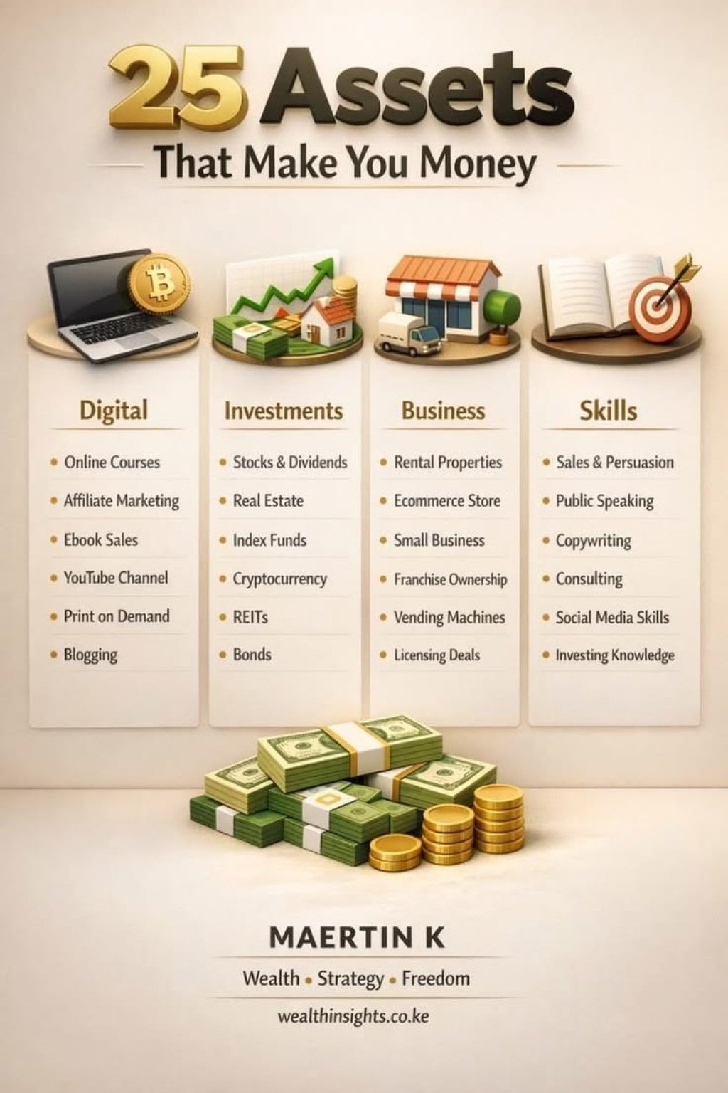 Infographic 25 Assets That Make You Money oo muujinaya fikrado dijitaal, maalgashi, ganacsi iyo xirfado; liisku wuxuu ka kooban yahay 24 qodob oo muuqda